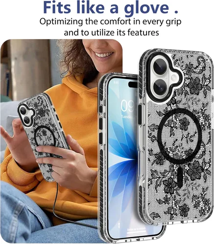 Vista 6 de OOK Funda magnética transparente para iPhone 17, lindo encaje floral negro Encaje Negro Floral