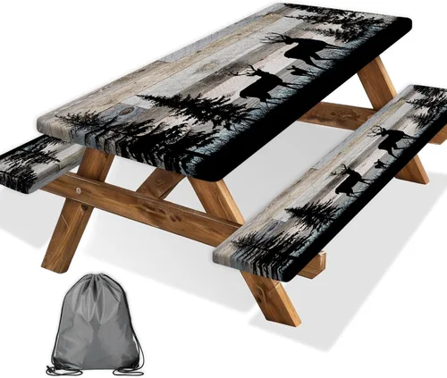 Vista 76 de Funda para Mesa de Picnic con Fundas para Bancos y Bolsa, Campista de Madera Impermeable Resistente al Viento, Cubierta de Mantel Ajustada con Borde