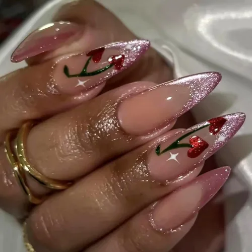 Vista 16 de MISUD Uñas a presión largas tipo Stiletto con pegamento de Rojo Gótico y Negro, diseño gótico cruzado acrílico, 24 piezas