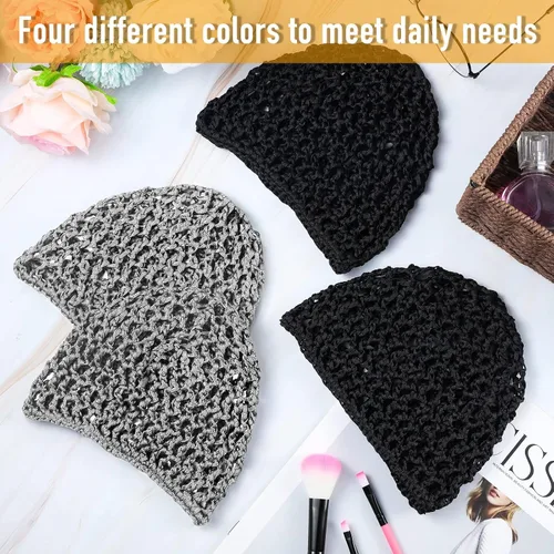 Vista 5 de Geyoga 2 piezas de red de ganchillo para el cabello, gorro tejido de rayón, cubre moño, gorras de ducha tejidas, gorro para dormir para mujeres