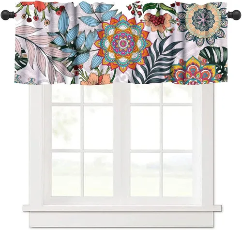 Vista 41 de Cenefa Floral Boho, Cenefa de Flores Mandala Bohemia con Hojas Tropicales, Cenefa de Bolsillo para Barra, Cenefa Oscura para Ventana para Sala