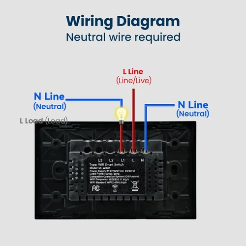 Vista 6 de Interruptor de luz inteligente 4.6X2.8X1.3 pulgadas, necesita cable neutro, WiFi de 2.4GHz, interruptor inteligente certificado FCC con control