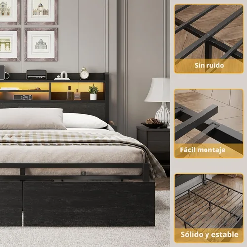 Vista 6 de Furnulem Base de cama de tamaño matrimonial con cabecera de madera, plataforma de metal, tamaño matrimonial con 2 cajones de almacenamiento