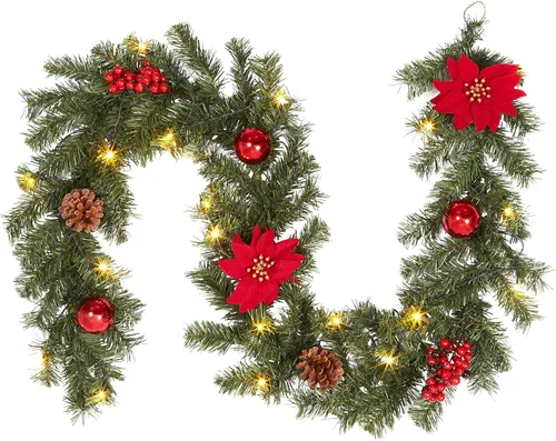 Vista 5 de Adeeing Guirnalda de Navidad de 6 pies con luces, guirnalda de Navidad preiluminada con 20 luces LED, piñas, bayas de pascua, guirnalda