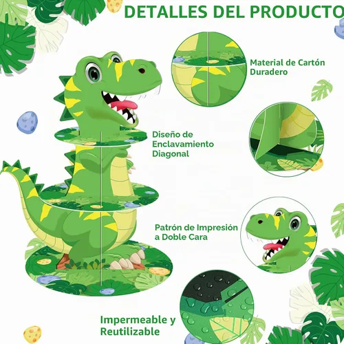 Vista 3 de Soporte de 3 niveles para cupcakes de dinosaurio, decoración de fiesta, soporte para cupcakes de dinosaurio de Anberky con forma de dinosaurio