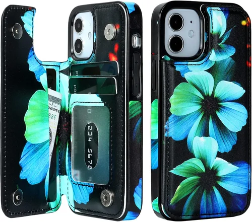 Vista 7 de HAOPINSH Funda tipo cartera para iPhone 12 Mini con soporte para tarjetas, diseño de mármol azul y morado en la parte trasera, de piel sintética