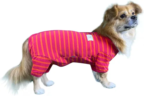Vista 7 de TONY HOBY Pijamas para Perros Hembra/Macho, Mono para Perros de 4 Patas con Rayas, Algodón Suave para un Sueño Cómodo (Rosa Rojo y Naranja, Chico, M)