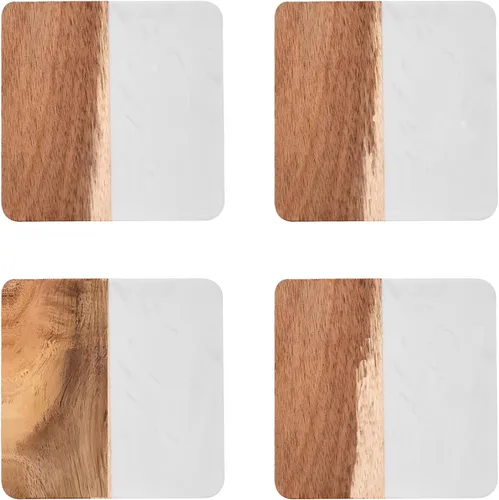 Vista 9 de I-LAN Paquete de 4 posavasos de mármol y madera de acacia, juego de posavasos redondos de madera natural de 4 pulgadas para mesa de café moderna