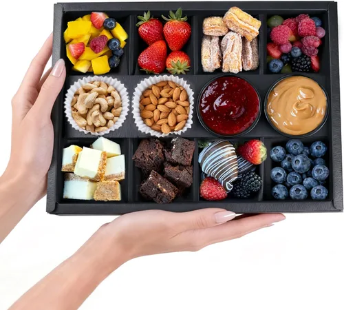 Bandeja desechable de 8 compartimentos con tapas, 10 unidades de bandeja de cartón dividida negra con soporte para salsa de tomate para 4-8 personas