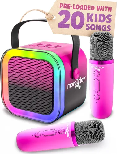 Vista 13 de Move2Play, Mini máquina de karaoke para niños Más de 20 canciones integradas Altavoz Bluetooth con micrófonos Efectos de voz Juguete musical