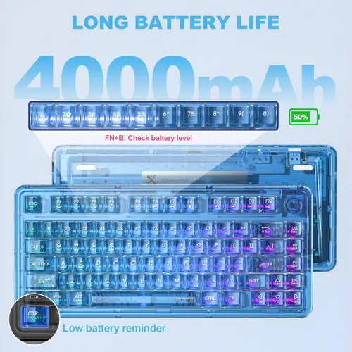 Vista 6 de Teclado mecánico transparente, teclados cremosos inalámbricos retroiluminados RGB, diseño acrílico transparente personalizable de intercambio