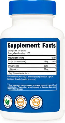 Vista 5 de Nutricost Zinc Carnosina 86 mg, 120 cápsulas - Sin OMG, sin gluten, suplemento de zinc L-Carnosina