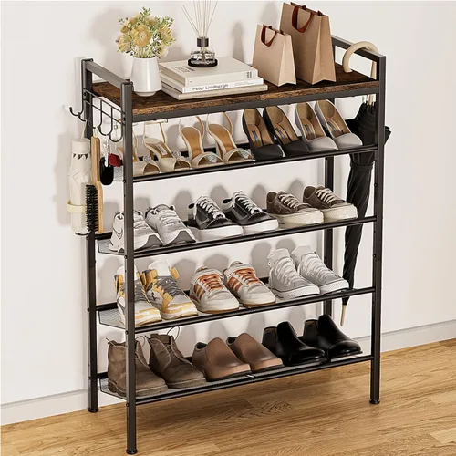 Shoe Rack for Entryway, 5 Tier Black Metal Shoe Rack with Hooks and Adjustable Mesh Shelves, Shoe Shelf for Closet, Front Door Entrance, and Dorm