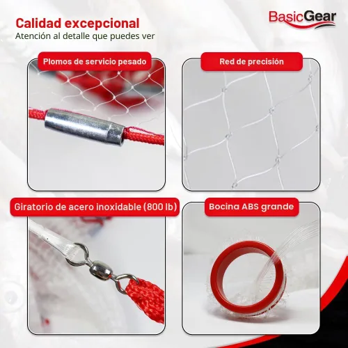 Vista 4 de BasicGear Red de Atarraya Radio de 3-12 pies, malla de 3/8 o 1/4 pulgadas para peces de cebo de agua dulce y salada Grado profesional