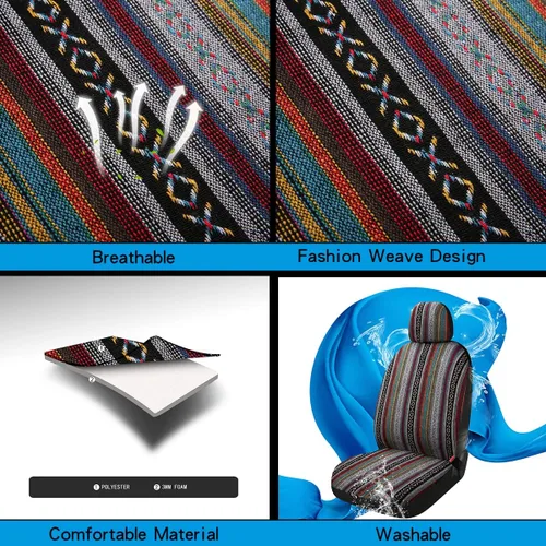 Vista 4 de PONYJOYUP Baja Saddle Blanket - Fundas de asiento de automóvil, 4 piezas delanteras, transpirables y lavables, tejido a rayas, funda de asiento