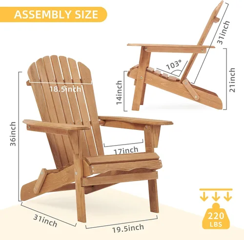 Vista 3 de Adirondack - Juego de 2 sillas plegables de madera para exteriores con respaldo de cedro macizo, cómoda silla de descanso para patio, terraza, Dorado