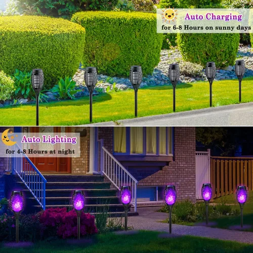 Vista 2 de Luces solares moradas de Halloween para decoraciones de Halloween al aire libre, luces de antorcha solares con llama parpadeante para decoraciones