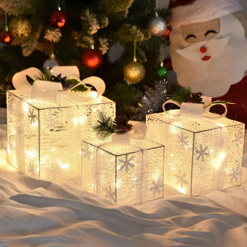 Vista 9 de Juego de 3 cajas de regalo iluminadas de Navidad, cajas de regalo con pilas para Navidad, LED blanco cálido con lazos para árbol de Navidad
