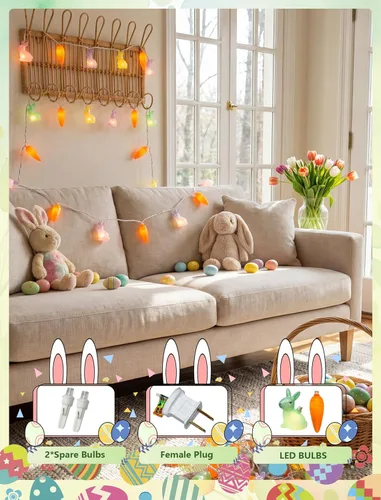 Vista 5 de Abeja Guirnalda de luces multicolor de conejo y zanahoria, 8.5 pies, luz LED de hadas de Pascua con 10 luces LED de zanahoria, luces de Pascua