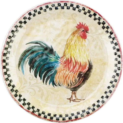 Vista 4 de UP ware Country Rooster - Juego de platos de ensalada de melamina con borde negro a cuadros para risotto, pasta y ensalada, sin BPA, aptos