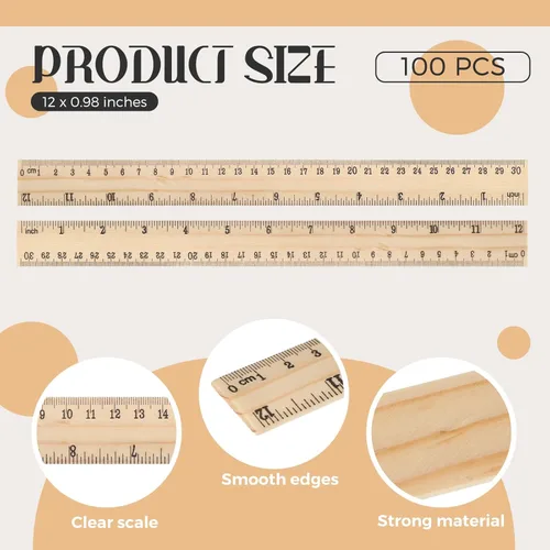 Vista 2 de Qilery 100 reglas de madera de 12 pulgadas, regla de medición de madera, 2 reglas de escala para niños, reglas de aula con centímetros y pulgadas