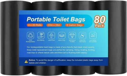 Vista 8 de 100 piezas de bolsas de inodoro portátiles para acampar, bolsas biodegradables para orinal portátil, bolsas de basura de 8 galones compostables