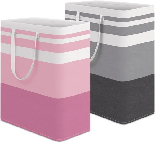 Vista 12 de HomeHacks Paquete de 2 cestas grandes para la lavandería, impermeable, cesta de lavandería independiente, cesta de ropa alta plegable con asas Azul