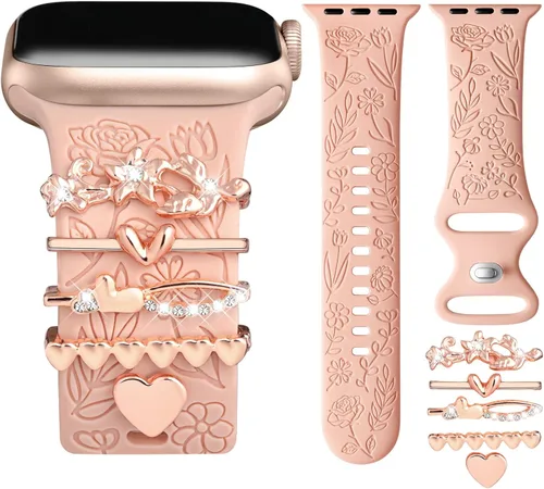 Vista 10 de DaQin Banda con Flor Grabada Compatible con Apple Watch, Bandas de 44mm, 42mm, 45mm, 46mm para Mujeres, Correa de Silicona Suave con Decoración