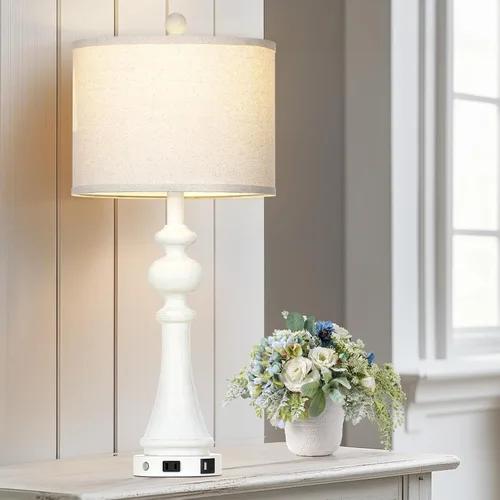 Vista 7 de Lolikit 28" Farmhouse Table Lamp with USB A+C Fast Ports & AC Outlets, Vintage Rustic 3-Way Dimmable Touch Control Table Lamp, Rustic Traditional