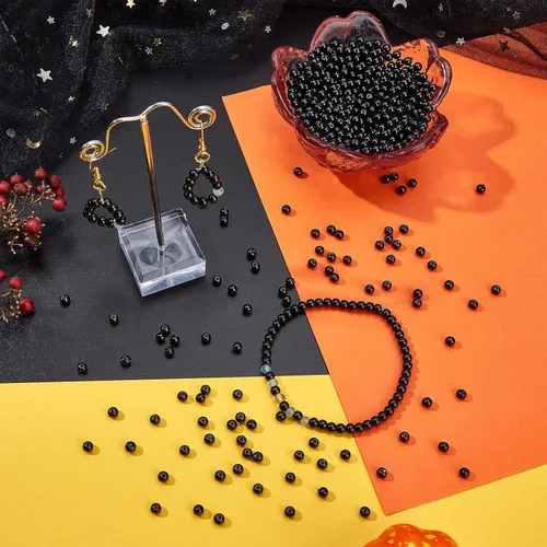 Vista 3 de PH PandaHall Cuentas de perlas de vidrio negro, 1000 perlas de vidrio de 0.157 pulgadas para aretes, pulseras, collares, cadenas de cintura