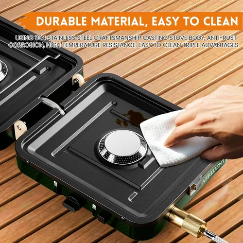 Vista 6 de Estufa de camping portátil de propano de 2 quemadores de AFFLUENT con parrilla y bolsa de almacenamiento - ¡Una estufa de camping de propano