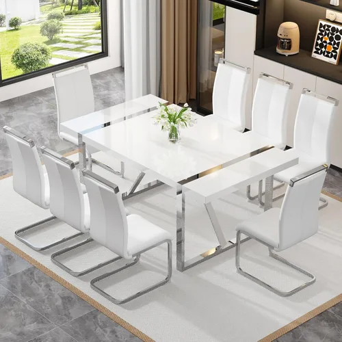 Vista 33 de Mesa de comedor Ebullient para 4, mesa de comedor rectangular negra de MDF, tapa de mesa de cena de mármol falso, mesa de comedor moderna con marco