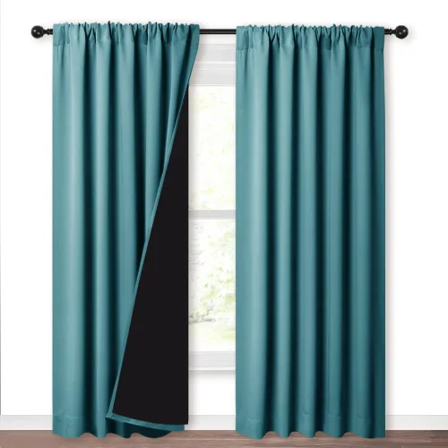 Vista 101 de NICETOWN Biscotti Beige 100% Cortinas opacas de 45" de largo para cocina, bolsillo con varilla para sótano completamente opaco, cortinas térmicas