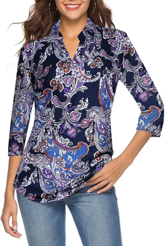 CEASIKERY - Blusa informal tipo túnica para mujer, blusa con estampado floral, manga 34, escote en V y ajuste holgado 010