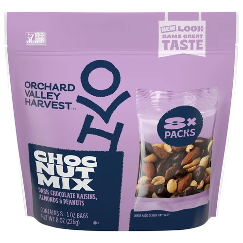 Orchard Valley Harvest - Mezcla de nueces con chocolate, multipack, 1 oz (paquete de 8), pasas cubiertas de chocolate negro, almendras y cacahuetes,