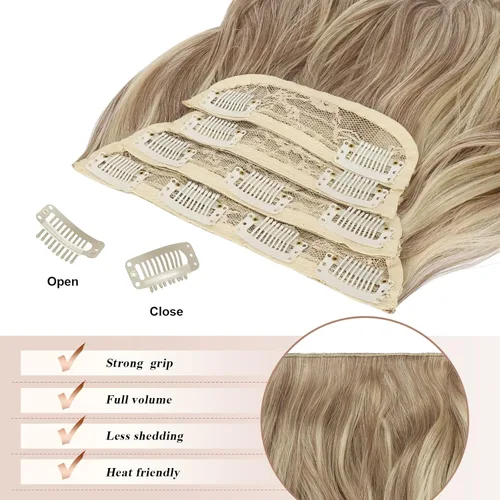 Vista 4 de FESHFEN Extensiones de cabello con clip - 4 piezas Extensiones de cabello sintético ondulado largo y grueso con clip para cabeza completa