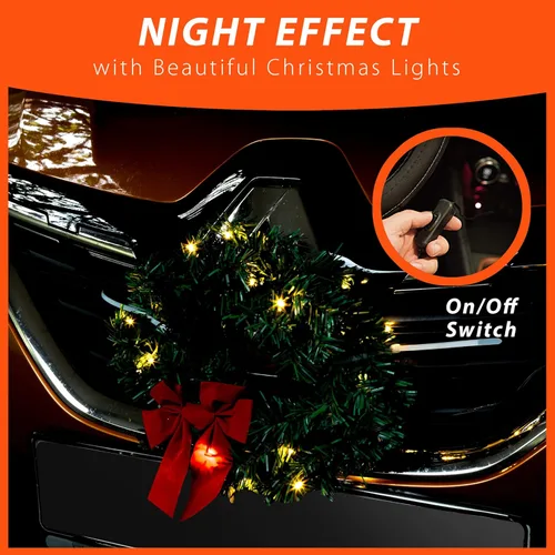Vista 5 de ZONETECH Decoración de corona de automóvil de Navidad con luces LED, accesorio de temporada navideña de alta calidad para parrilla delantera