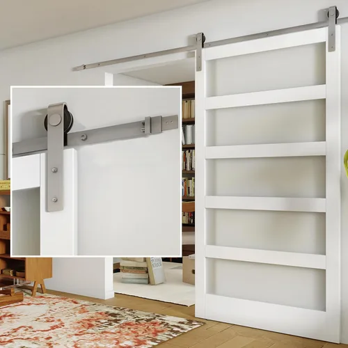 Vista 7 de Kit de herrajes para puerta corrediza de granero de 6 pies, riel de herrajes para puerta de granero de níquel satinado, kit de herrajes para puerta