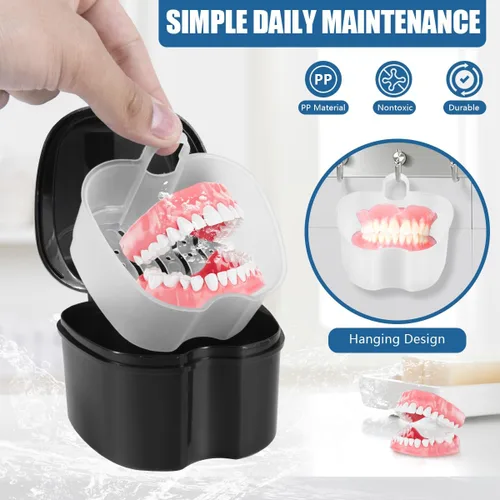 Vista 4 de KISEER Caja de baño de dentadura negra con soporte para tazas, contenedor de remojo con cesta coladora para limpieza de viajes