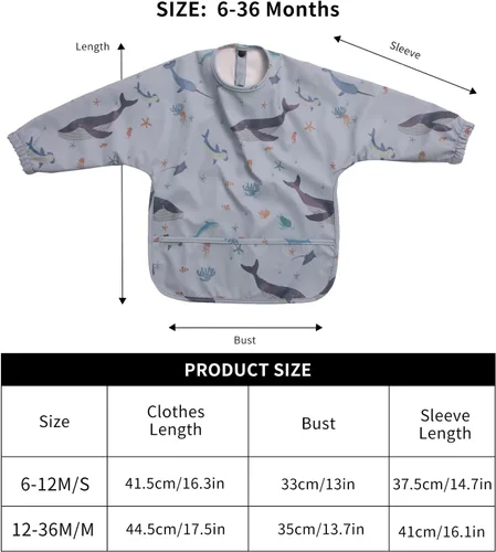 Vista 4 de Baberos de manga larga para bebés, impermeables, con bolsillo para atrapar alimentos para alimentar, comer