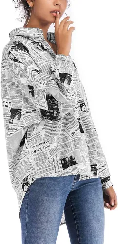 Vista 2 de Camisa con botones para mujer, blusa de manga de periódico, cuello de solapa, de un solo pecho, casual, holgada