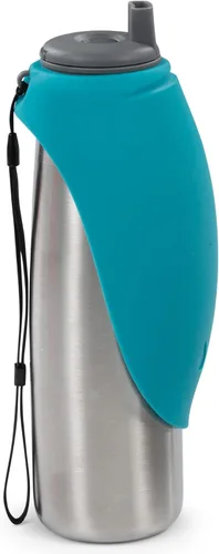 Vista 5 de Messy Mutts Botella de agua de viaje de acero inoxidable con aislamiento al vacío de doble pared con cuenco abatible de silicona, necesidad de viaje