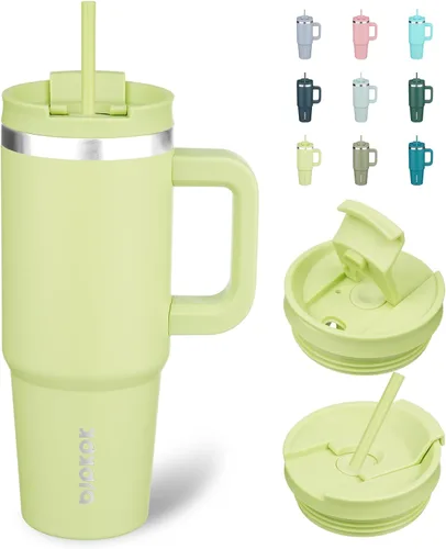 Vista 37 de BJPKPK Vasos aislados con asa y pajita, vasos térmicos de acero inoxidable de 30 onzas con tapa, color verde militar