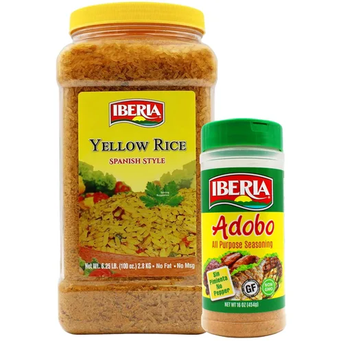Iberia Arroz amarillo de 6.25 libras. Arroz sazonado estilo español a granel + condimento multiusos Iberia Adobo, sin pimienta, 16 onzas