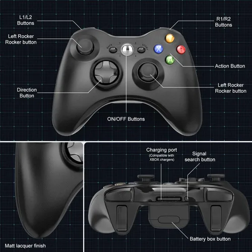 Vista 3 de ASTARRY Controlador inalámbrico compatible con Xbox 360 control de juego de 24 GHZ joystick compatible con Xbox y Slim 360 PC Windows 7 8 10 negro