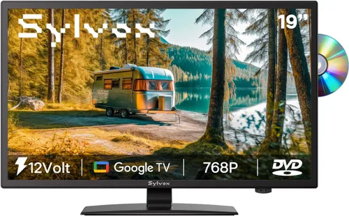 SYLVOX TV de 12 voltios, Smart RV TV de 19 pulgadas con reproductor de DVD incorporado, control remoto de voz Google OS ATSC NTSC HDMI USB,