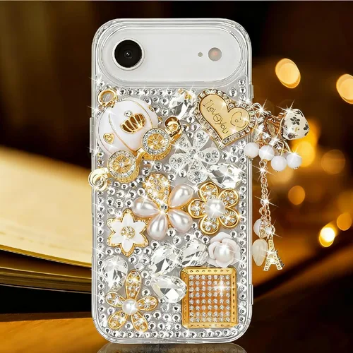 Vista 11 de Guppy Funda para iPhone 11 Pro Max para mujer de lujo 3D Bling brillante diamantes de imitación perla de cristal hecho a mano colgante de torre