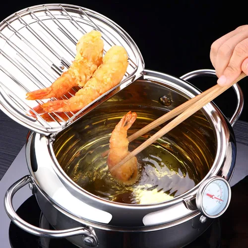 Vista 6 de Olla pequeña con termómetro Fahrenheit, olla freidora, freidora de acero inoxidable 304 con rejilla de drenaje de aceite para papas fritas, pescado