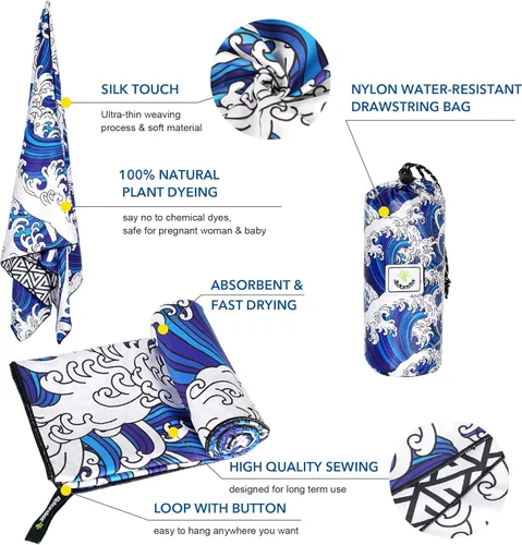 Vista 100 de 4Monster Toalla de playa de microfibra de secado rápido, toalla de viaje ligera súper absorbente para nadadores, toalla de camping sin arena