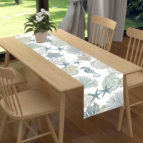 Vista 2 de Camino de mesa costero, playa de verano, estrellas de mar, caballito de mar, conchas de mar, azul, coral, náutico, tropical, océano, decoración